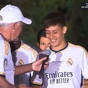 Ancelotti Forced Shy Arda Guler to Speak to the Real Madrid Fans | Bus Parade Celebration UCL 2024 - YouTube